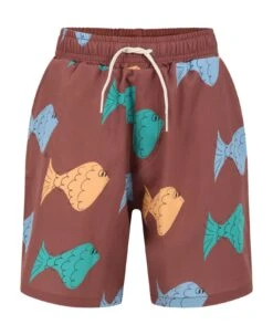 Bobo Choses Brown Swim Boxer For Boy With Fishes Printed All-over