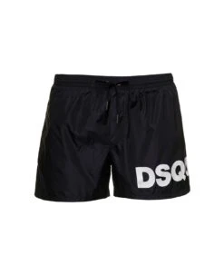 DSQUARED2 Black Swim Trunks With Logo Print In Polyammide Man
