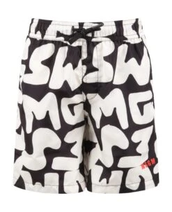 MSGM Black Swim Trunks For Boy With Ivory Logo