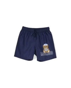Blue Swim Trunks With Moschino Print And Drawstring In Nylon Boy
