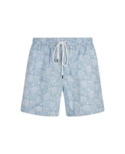 Light Blue Swim Shorts With Flowers Pattern