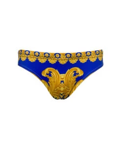 Versace Blue And Yellow Swim Briefs With All-over Barocco Print In Stretch Polyamide Man