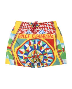 Dolce & Gabbana Yellow Swim Boxer For Baby Boy With Logo And Print