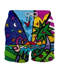 MC2 Saint Barth Man Swim Shorts With Multicolor Beach Print | Britto Special Edition